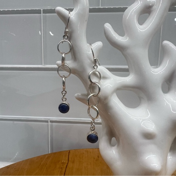 Lapis Lazuli Marked 950 Sterling Silver Modernist Dangle Drop Hook Earrings - Picture 2 of 8